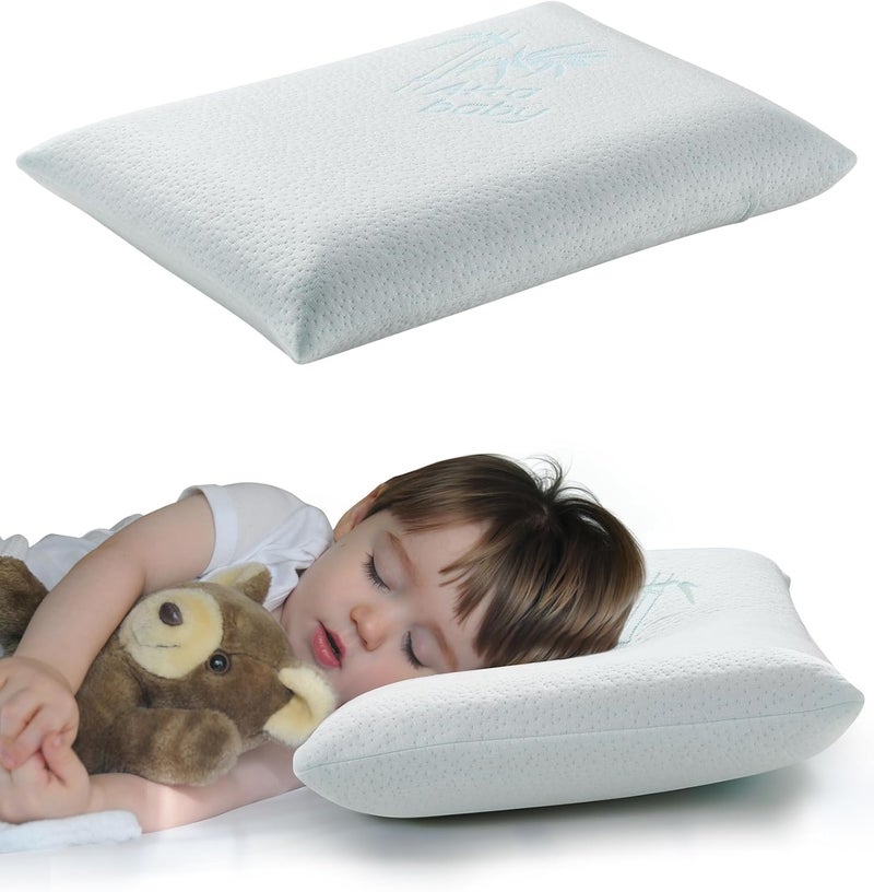 ATTABABY Toddler Pillow, Adjustable Memory Foam Small/Mini Pillow for Toddler 2 Years & Above, for Kids Sleeping, Napping or Traveling, Washable No Zipper Pillowcase, 13” x 18”, Blue - Image 1